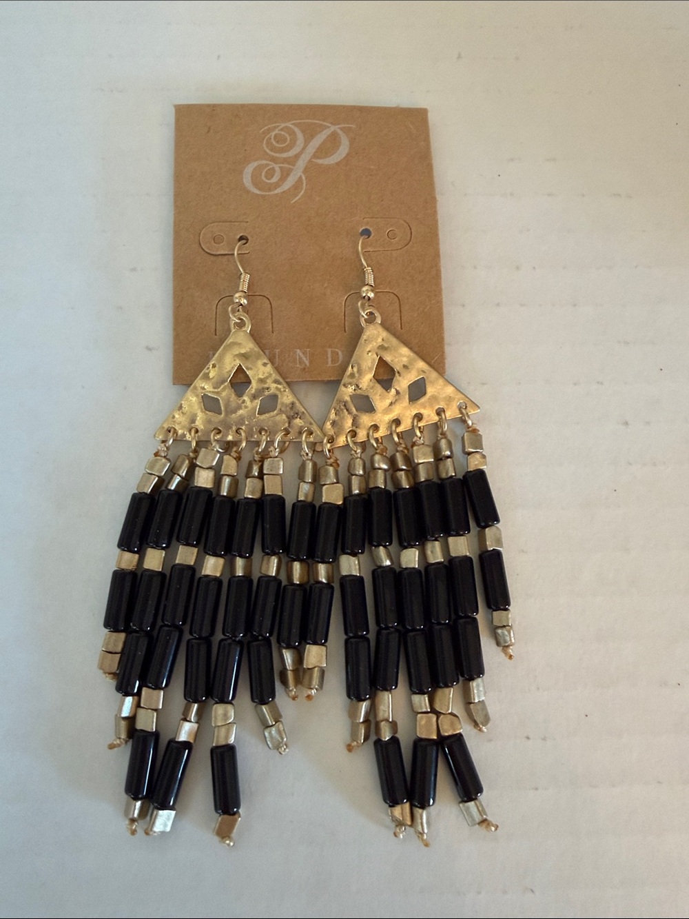 Plunder Gold Tone & Black Beaded Fringe Earrings